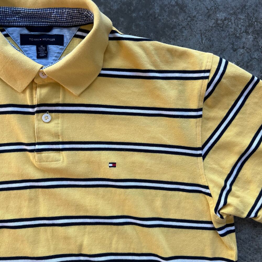 Tommy Hilfiger Polo Mens XL Yellow Navy Striped Short Sleeve Cotton Pique Logo - Picture 3 of 7